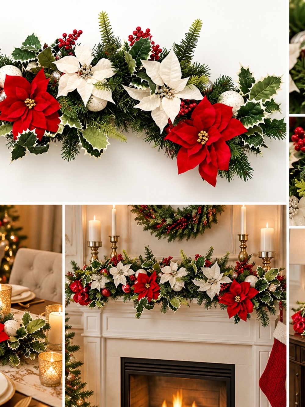 Christmas Poinsettia Garland Table Centerpiece Holiday Decor